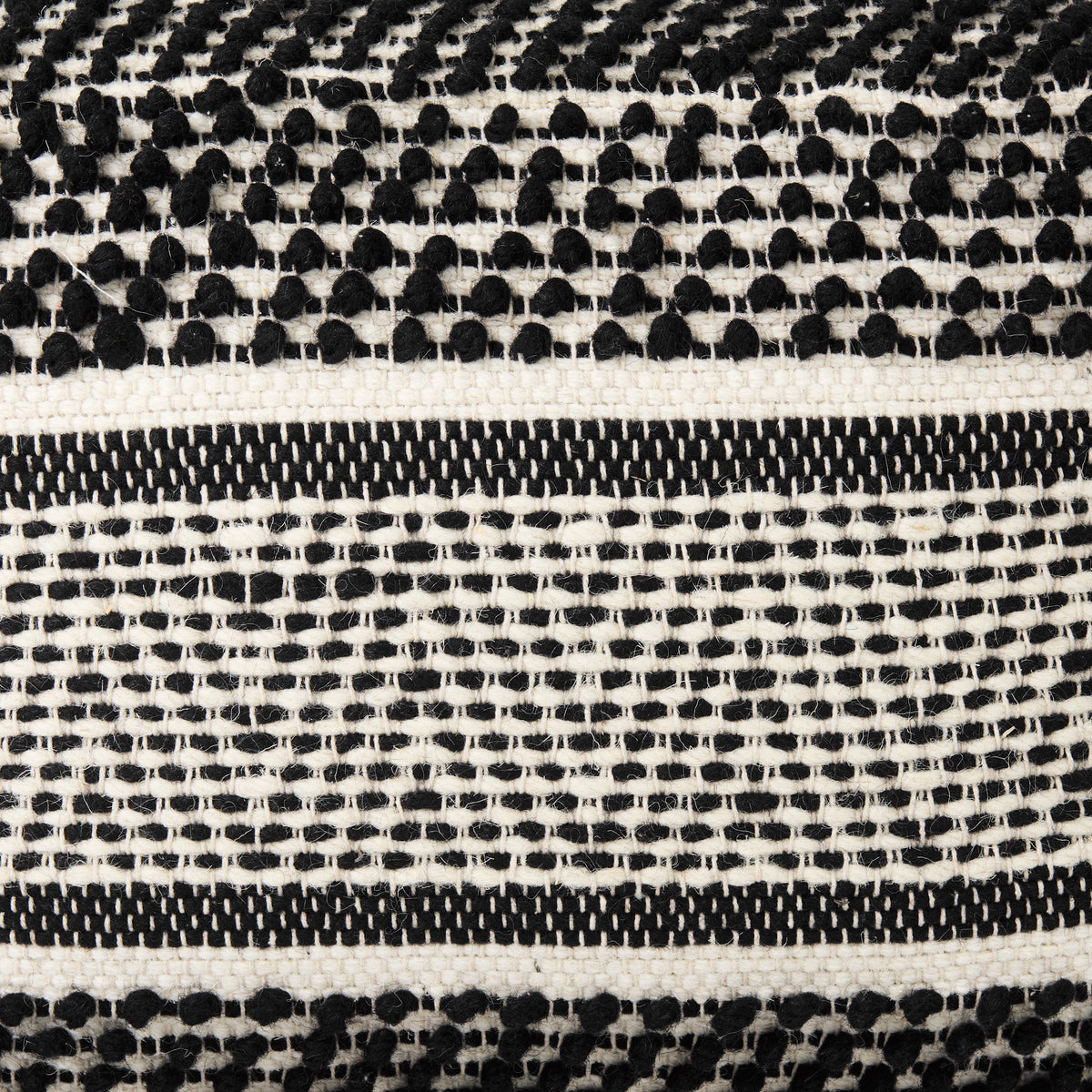Garima 22.0L x 22.0W x 14.0H Black/White Wool and Cotton Patterned Pouf-Poufs-DECOROLALA