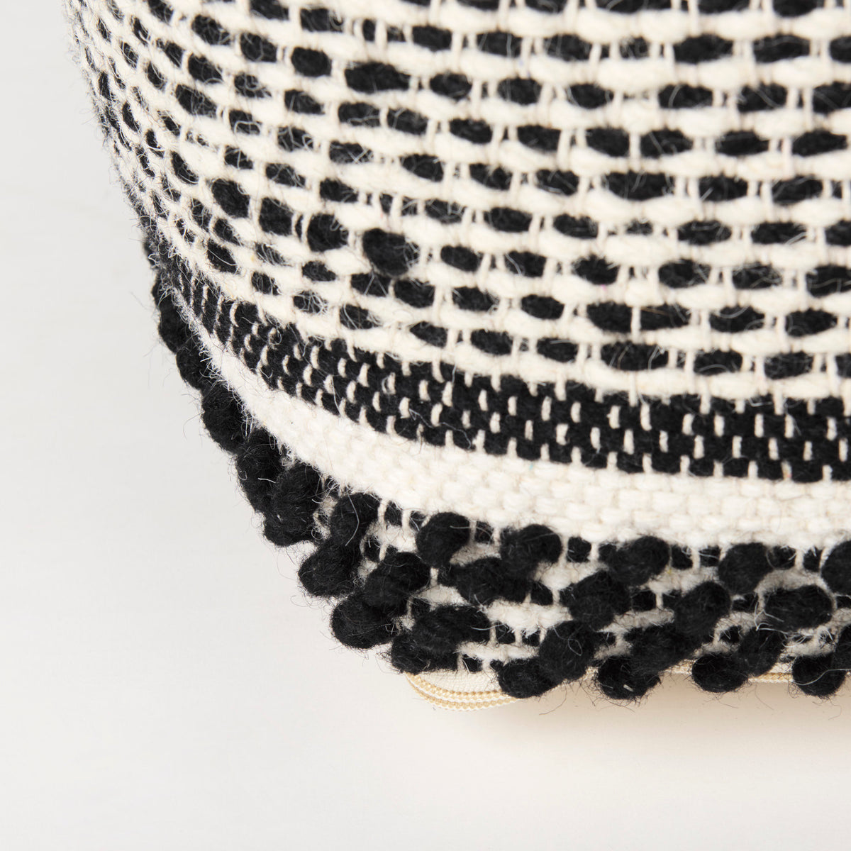 Garima 22.0L x 22.0W x 14.0H Black/White Wool and Cotton Patterned Pouf-Poufs-DECOROLALA