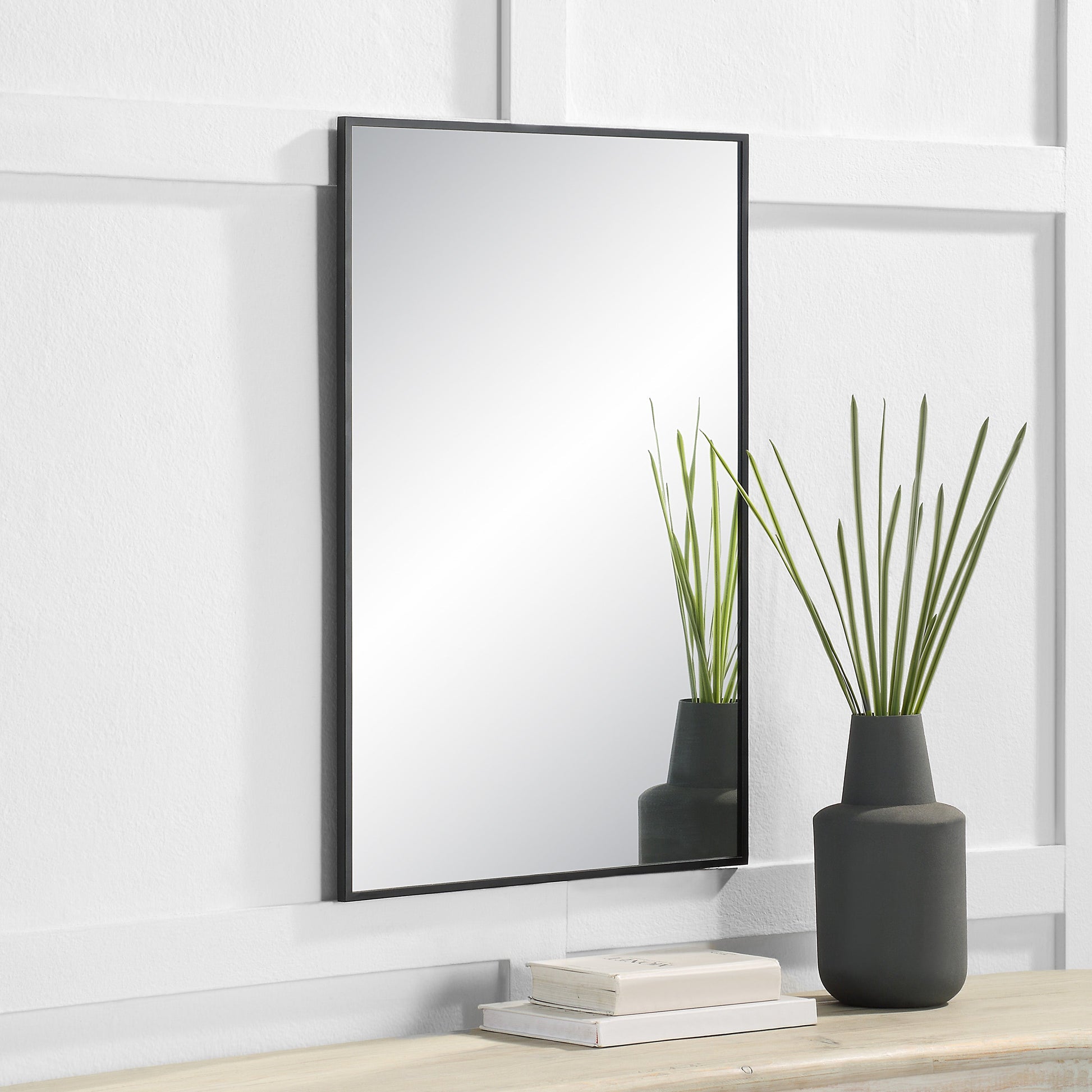 Gasel 30" Tall Rectangle Wall Mirror, Black-Mirror-DECOROLALA