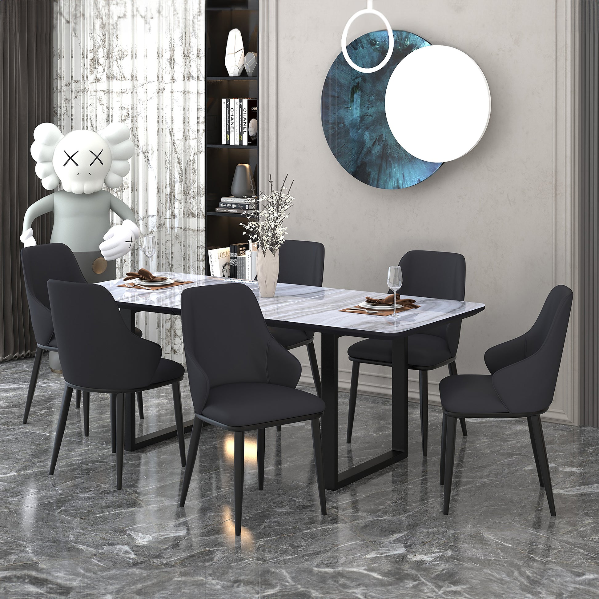Gavin Kash 7-Piece Dining Set - Black Marble-Look Glass Top-DECOROLALA
