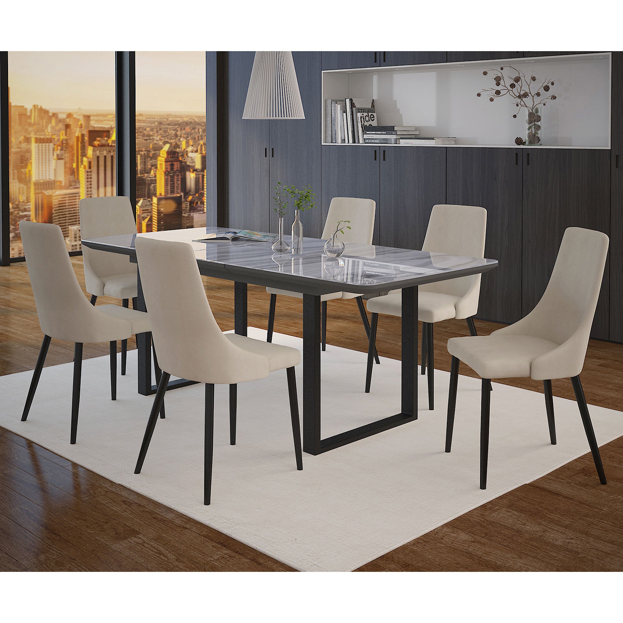 Gavin Venice 7-Piece Dining Set - Marble-Look Glass Top Black-DECOROLALA