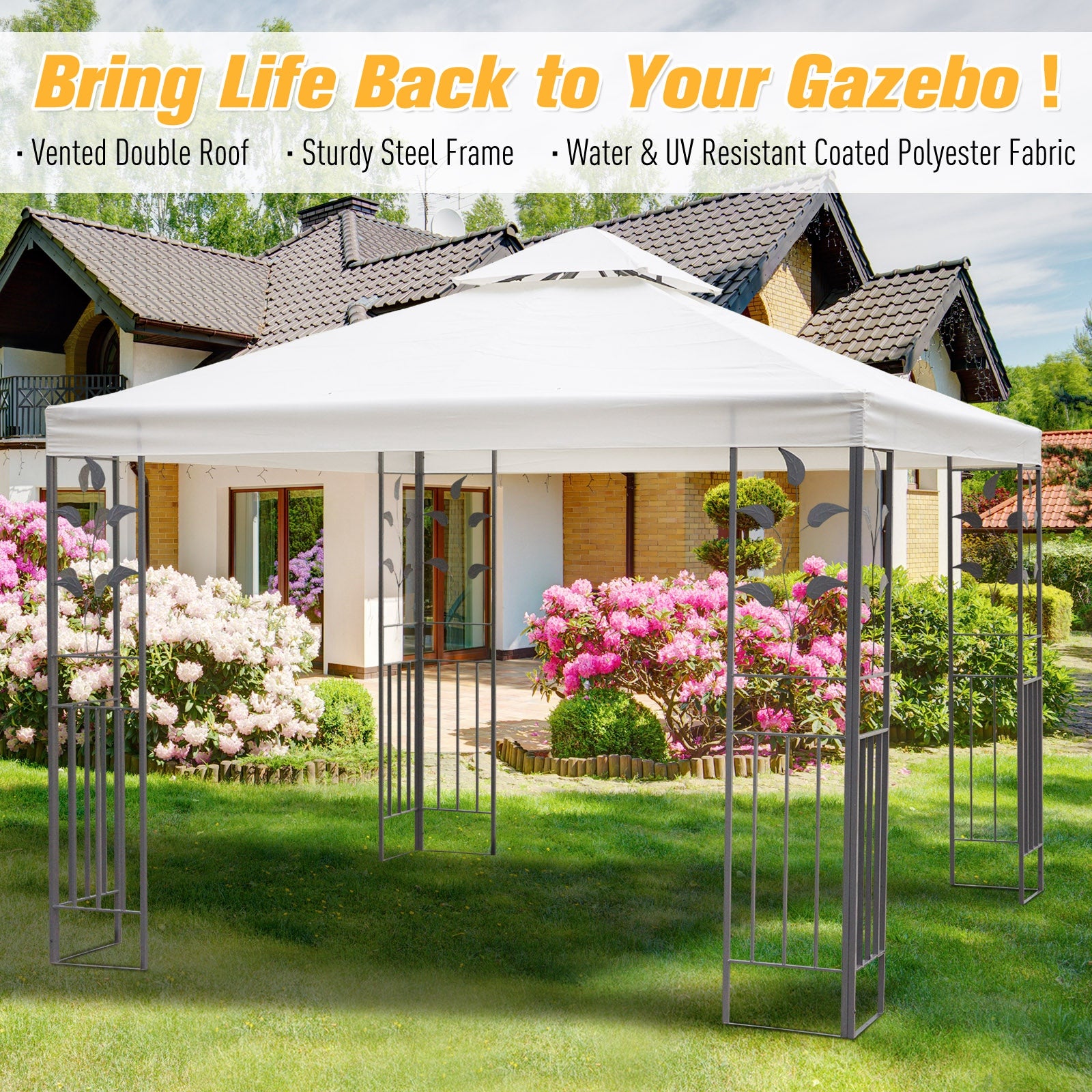 Gazebo 9.8' x 9.8' Metal Patio Canopy Cream-DECOROLALA