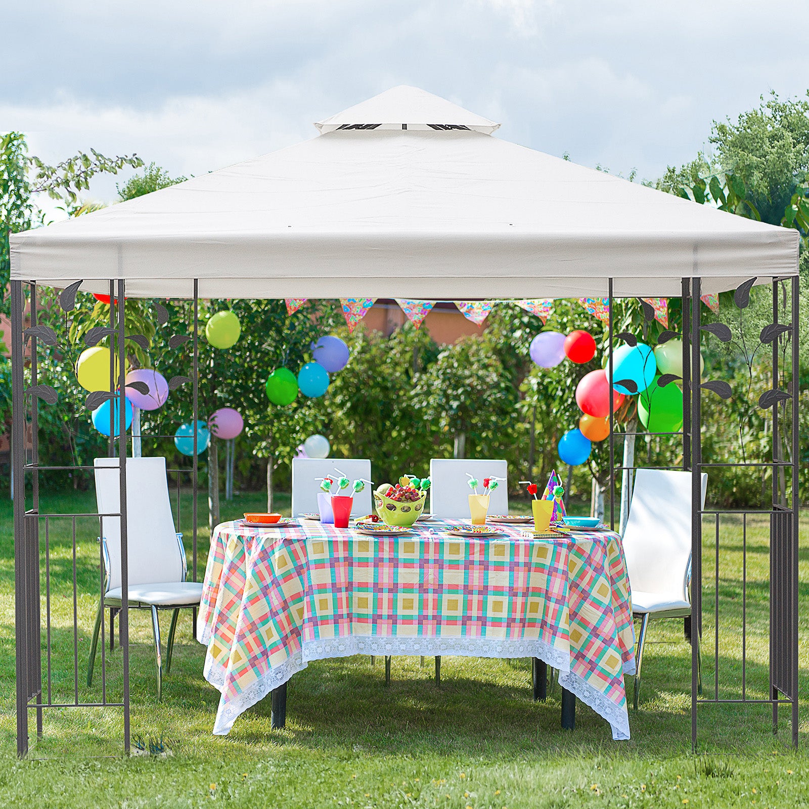 Gazebo 9.8' x 9.8' Metal Patio Canopy Cream-DECOROLALA