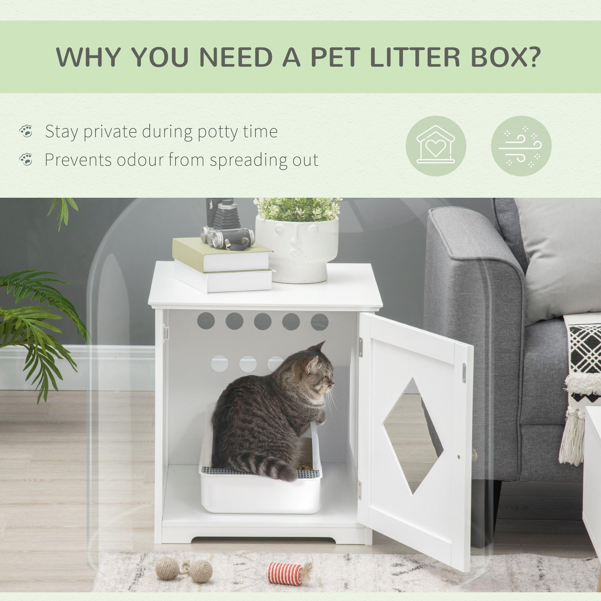 Meuble d’appoint avec bac à litière pour chat, toilettes intérieures pour chat avec porte magnétique, table de chevet dissimulant le bac à litière avec grand plateau, montage facile, blanc