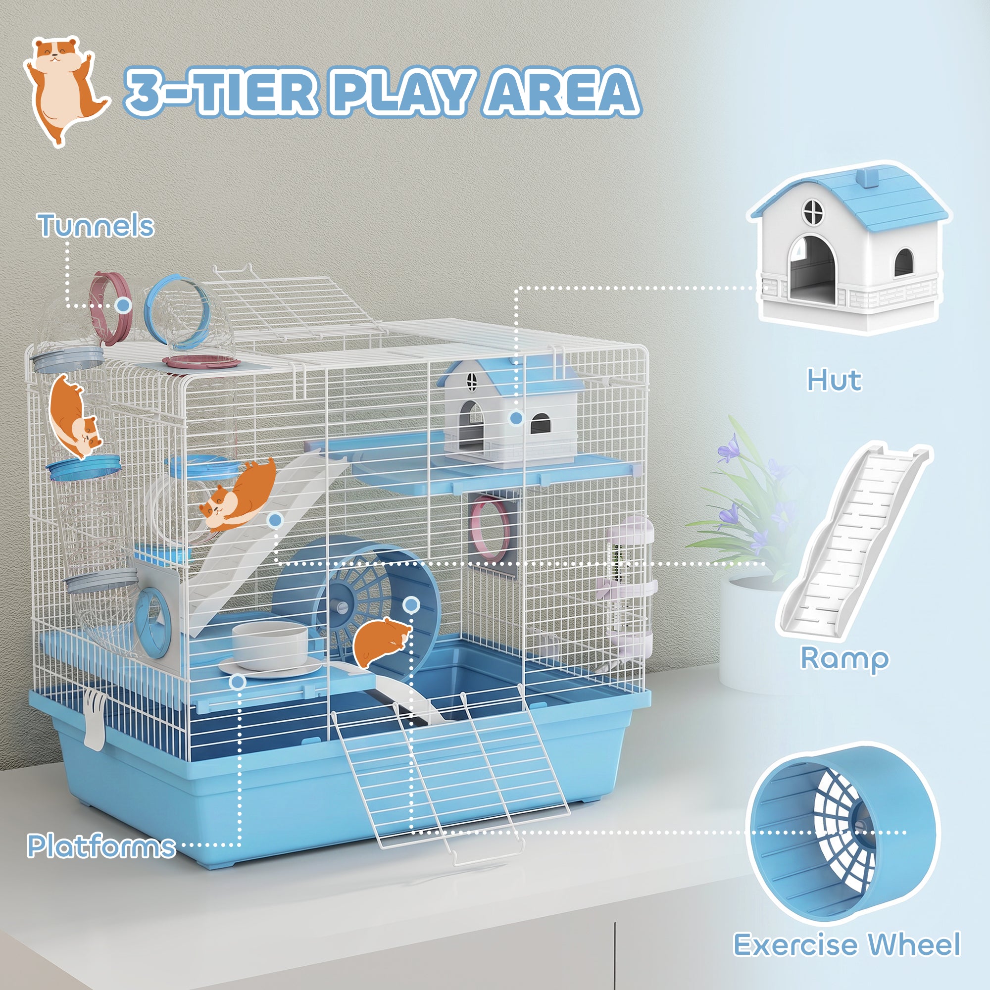 Hamster Cage, 3-Tier Small Animal Cage with Excerise Wheel, Food Bowl, Water Bottle, House, Tunnels, Ramps