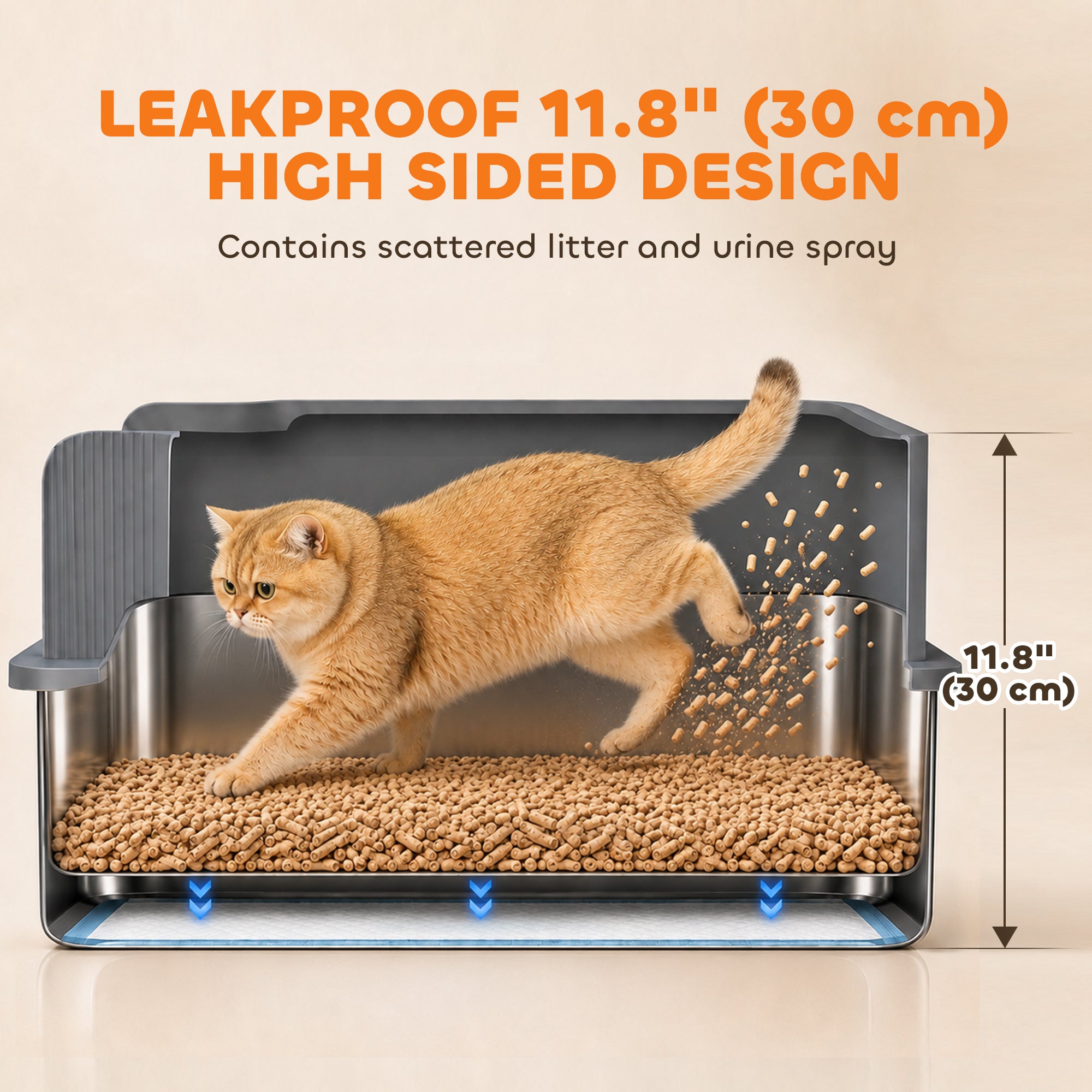 Stainless Steel Sifting Litter Box for Pine Pellet, High Sided, Anti-Leakage, Less Tracking, Includes Scoop & 10 Pads