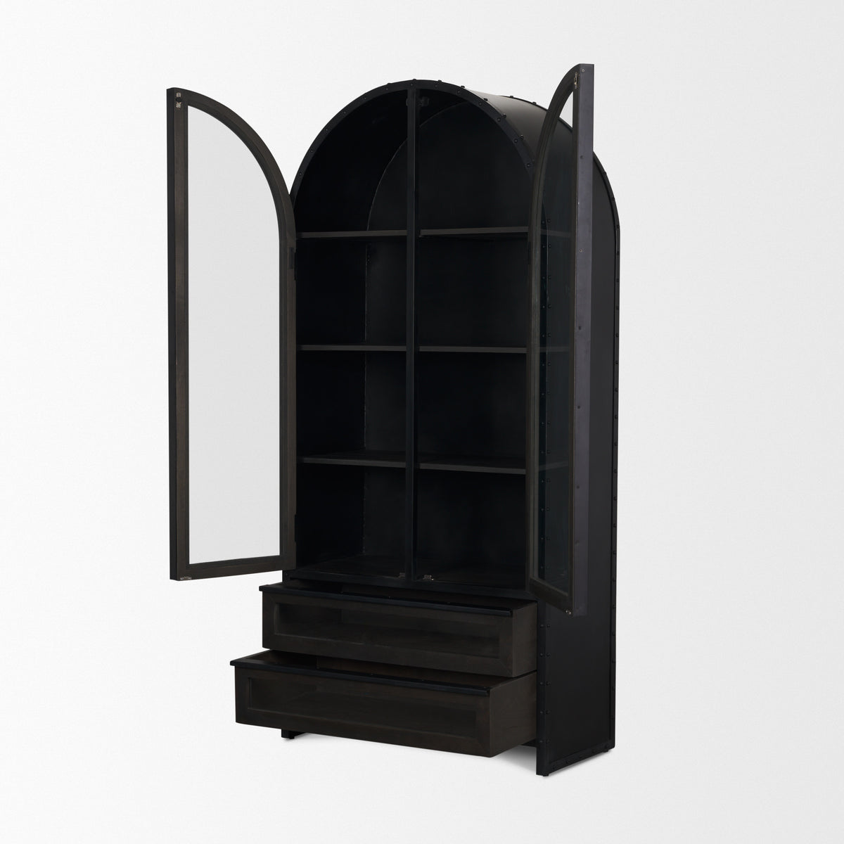 Gehry 72.3" H Dark Brown Metal Brown Wood and Glass Door Display Cabinet-Cabinets-DECOROLALA