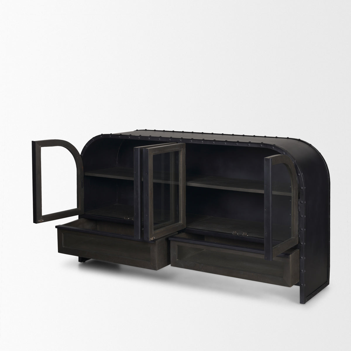 Gehry I 62.3x16.5 Black Metal Frame w/Wood Accent 4 Cabinet Door Two Drawer Sideboard-Sideboards & Buffets-DECOROLALA