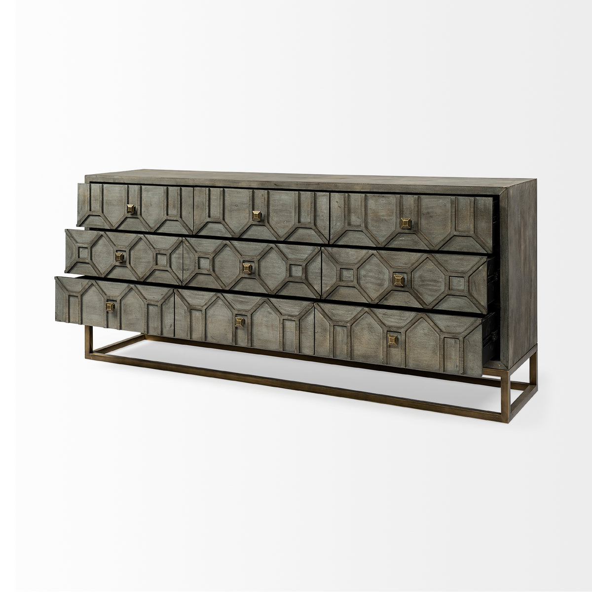 Genevieve II 70x15.8 Fir Veneer W/Gold Metal Frame Base 9 Drawer Sideboard-Sideboards & Buffets-DECOROLALA