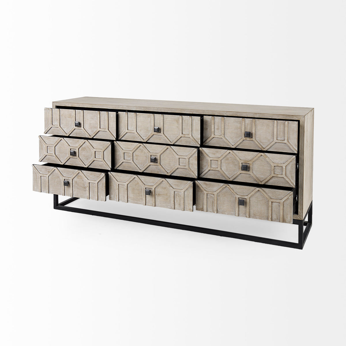 Genevieve II 70x15.8 Fir Veneer W/Gold Metal Frame Base 9 Drawer Sideboard-Sideboards & Buffets-DECOROLALA