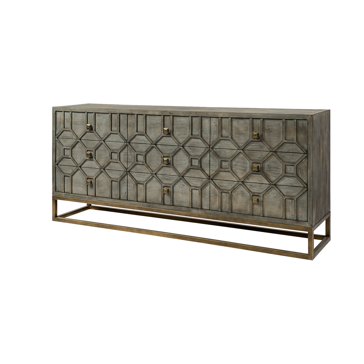 Genevieve II 70x15.8 Fir Veneer W/Gold Metal Frame Base 9 Drawer Sideboard-Sideboards & Buffets-DECOROLALA