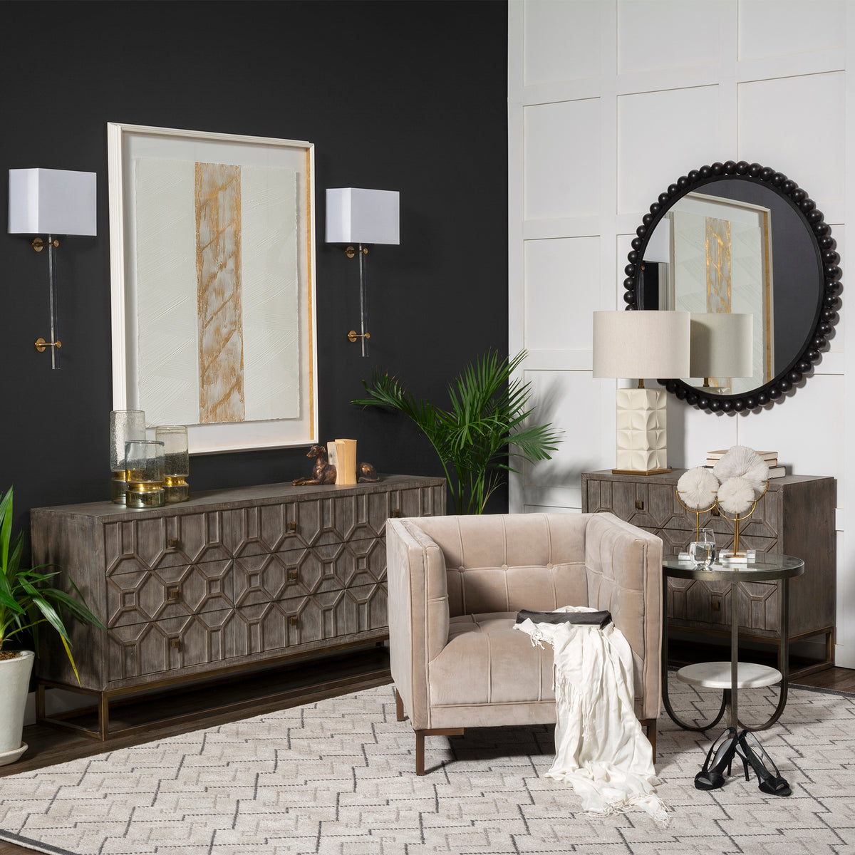 Genevieve II 70x15.8 Fir Veneer W/Gold Metal Frame Base 9 Drawer Sideboard-Sideboards & Buffets-DECOROLALA