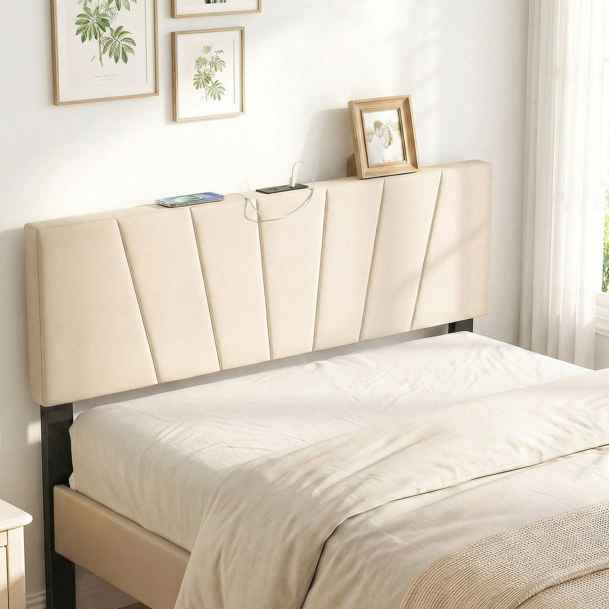 Geometric Upholstered Headboard with Charging Station - Queen/Full-Headboards-DECOROLALA