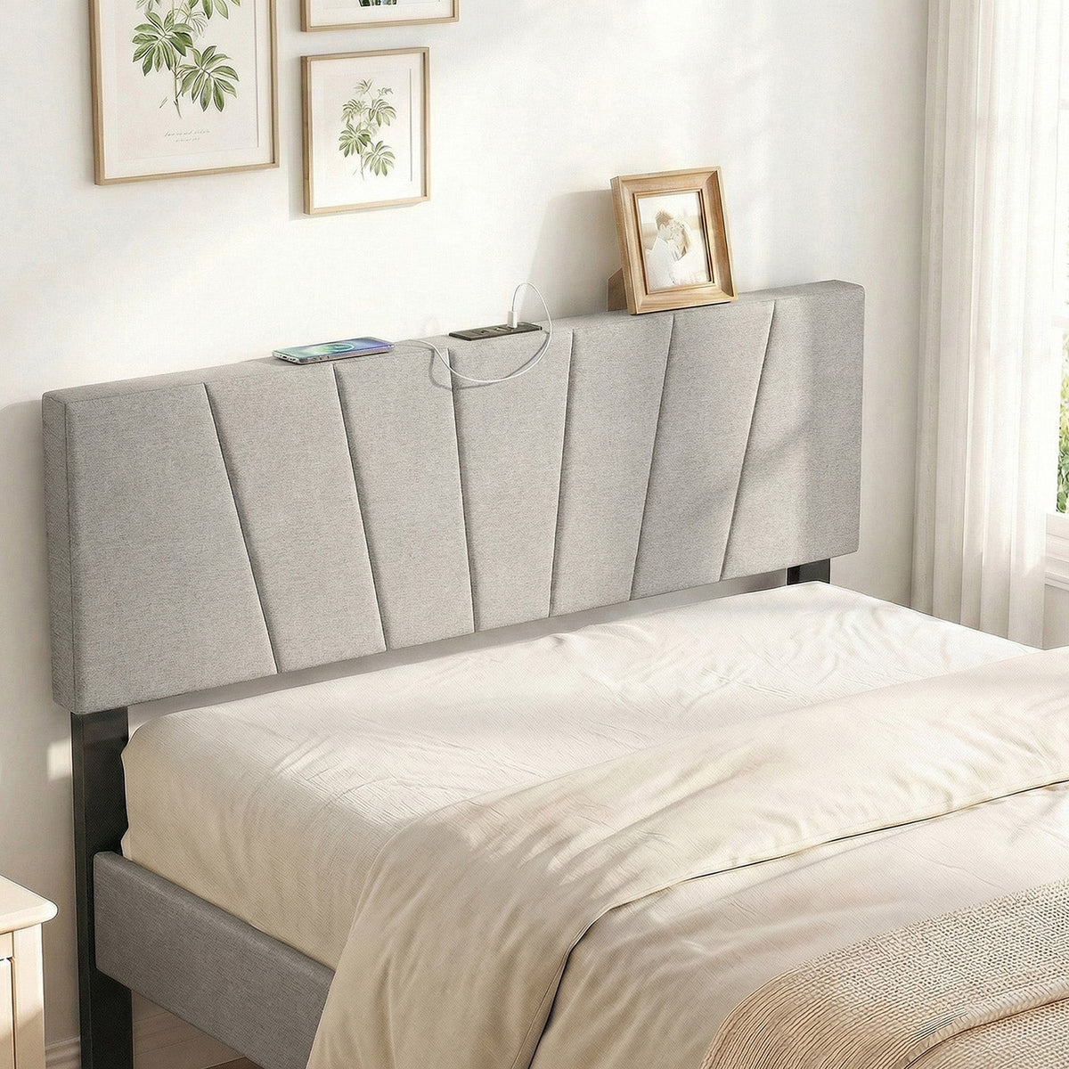 Geometric Upholstered Headboard with Charging Station - Queen/Full-Headboards-DECOROLALA
