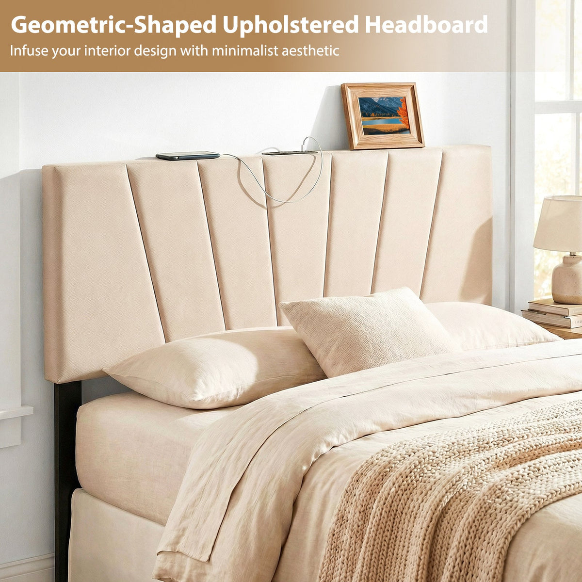 Geometric Upholstered Headboard with Charging Station - Queen/Full-Headboards-DECOROLALA