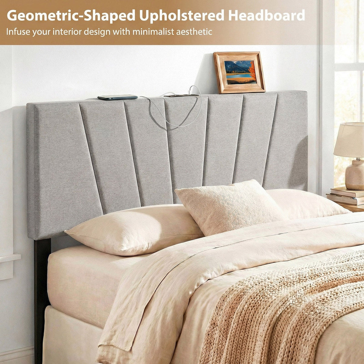 Geometric Upholstered Headboard with Charging Station - Queen/Full-Headboards-DECOROLALA