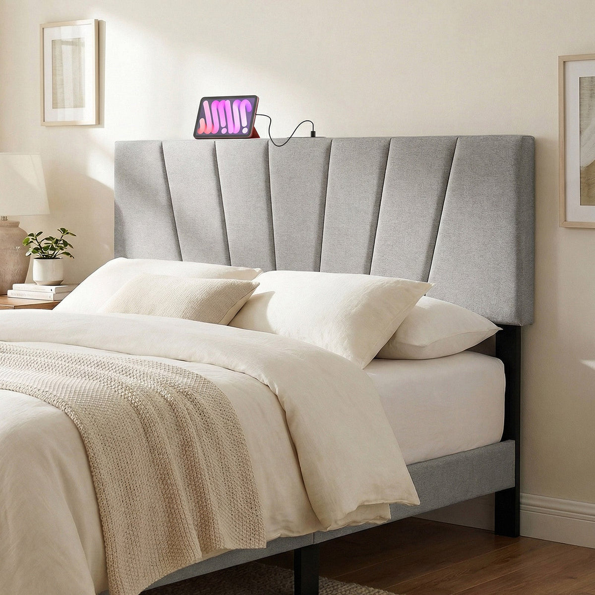 Geometric Upholstered Headboard with Charging Station - Queen/Full-Headboards-DECOROLALA