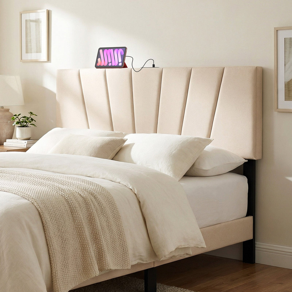 Geometric Upholstered Headboard with Charging Station - Queen/Full-Headboards-DECOROLALA