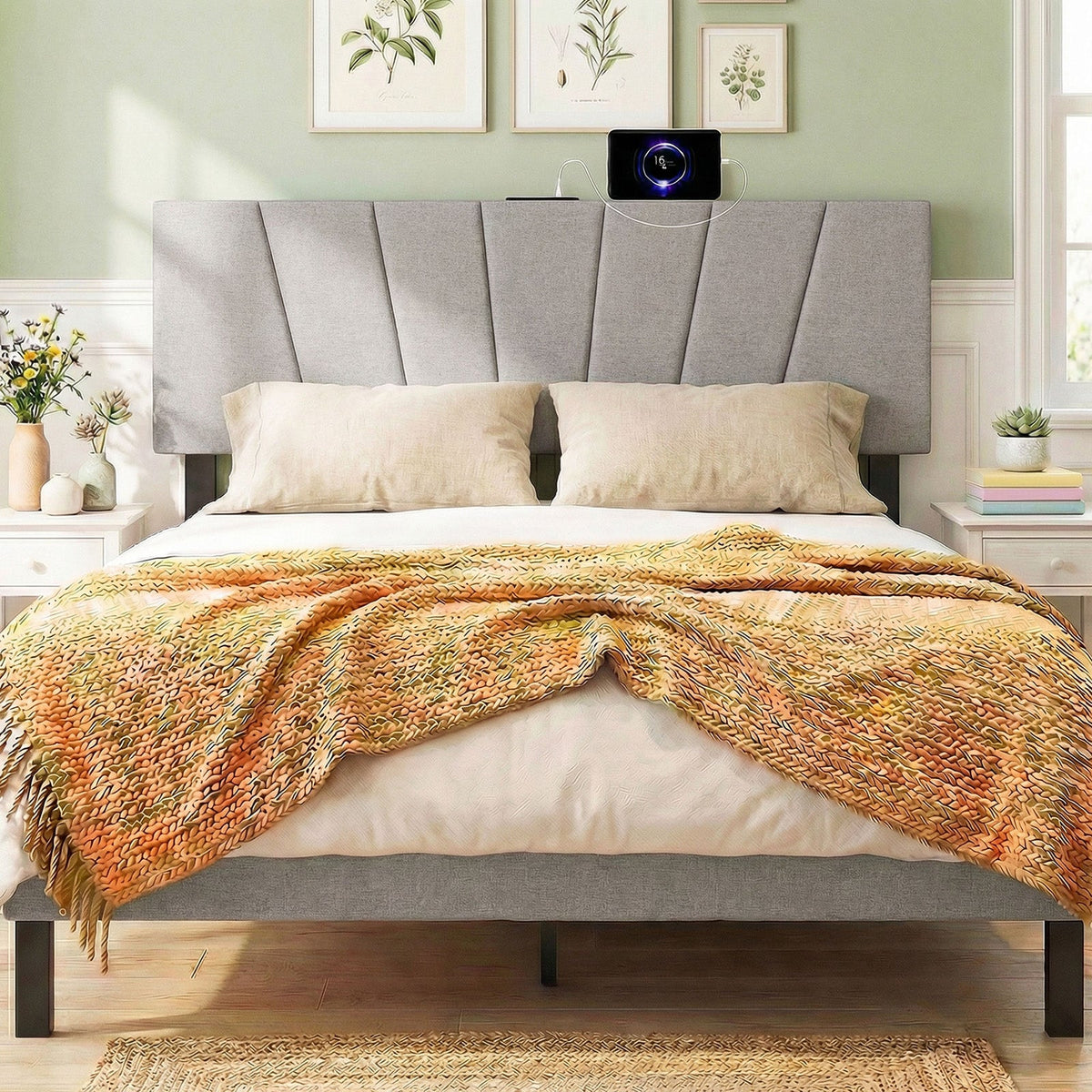 Geometric Upholstered Headboard with Charging Station - Queen/Full-Headboards-DECOROLALA