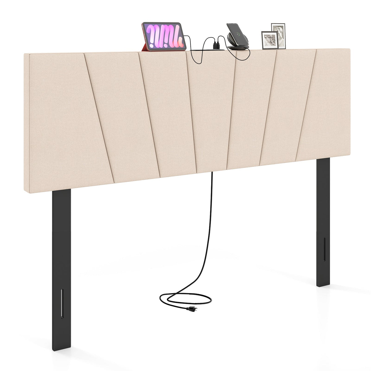 Geometric Upholstered Headboard with Charging Station - Queen/Full-Headboards-DECOROLALA