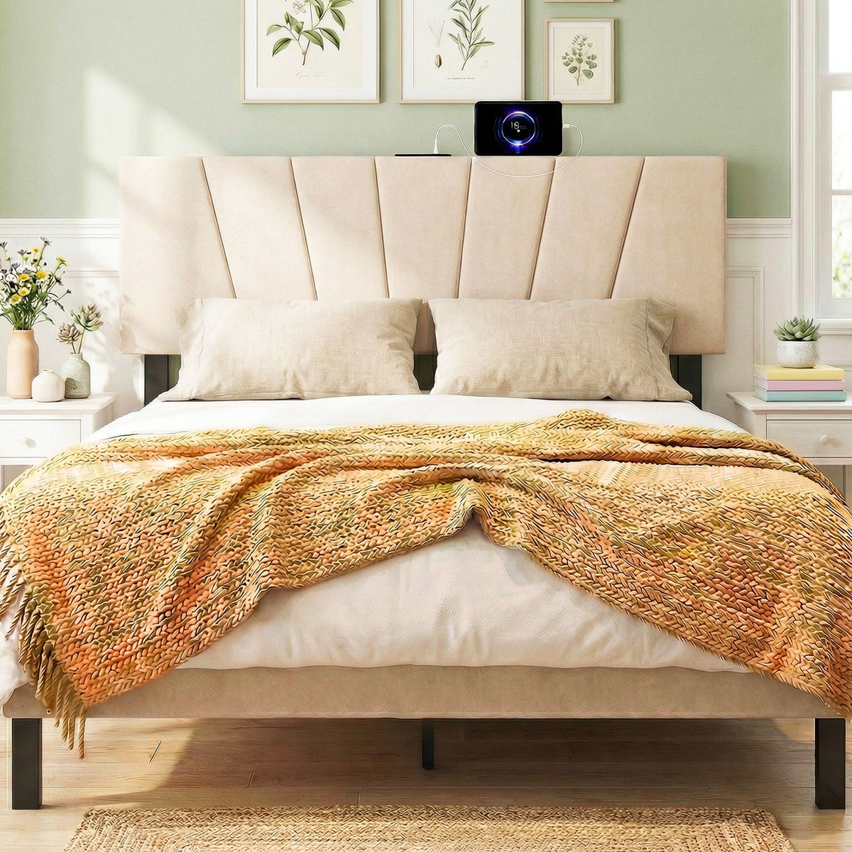Geometric Upholstered Headboard with Charging Station - Queen/Full-Headboards-DECOROLALA