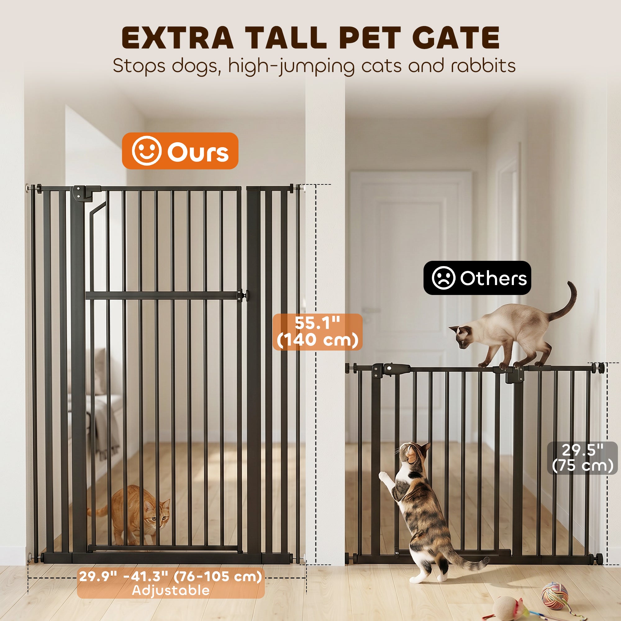 55" Extra Tall Pet Gate 30-41" Wide Adjustable Baby Gate Pressure Mounted for Doorways, Hallways, Stairs