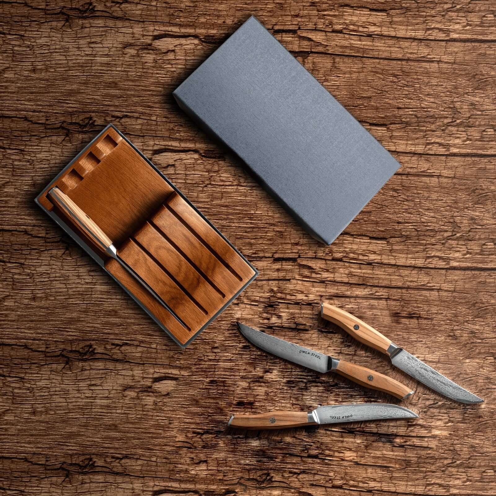 Ginza Steel AMELIA Five  4-Piece VG10 Damascus Steel Steak Knife Set with Wood Block-Knife Set-DECOROLALA