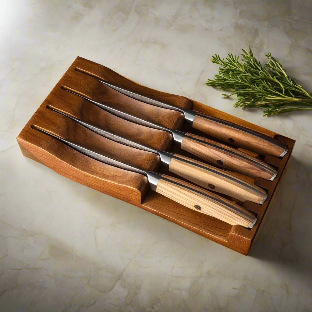 Ginza Steel AMELIA Five  4-Piece VG10 Damascus Steel Steak Knife Set with Wood Block-Knife Set-DECOROLALA