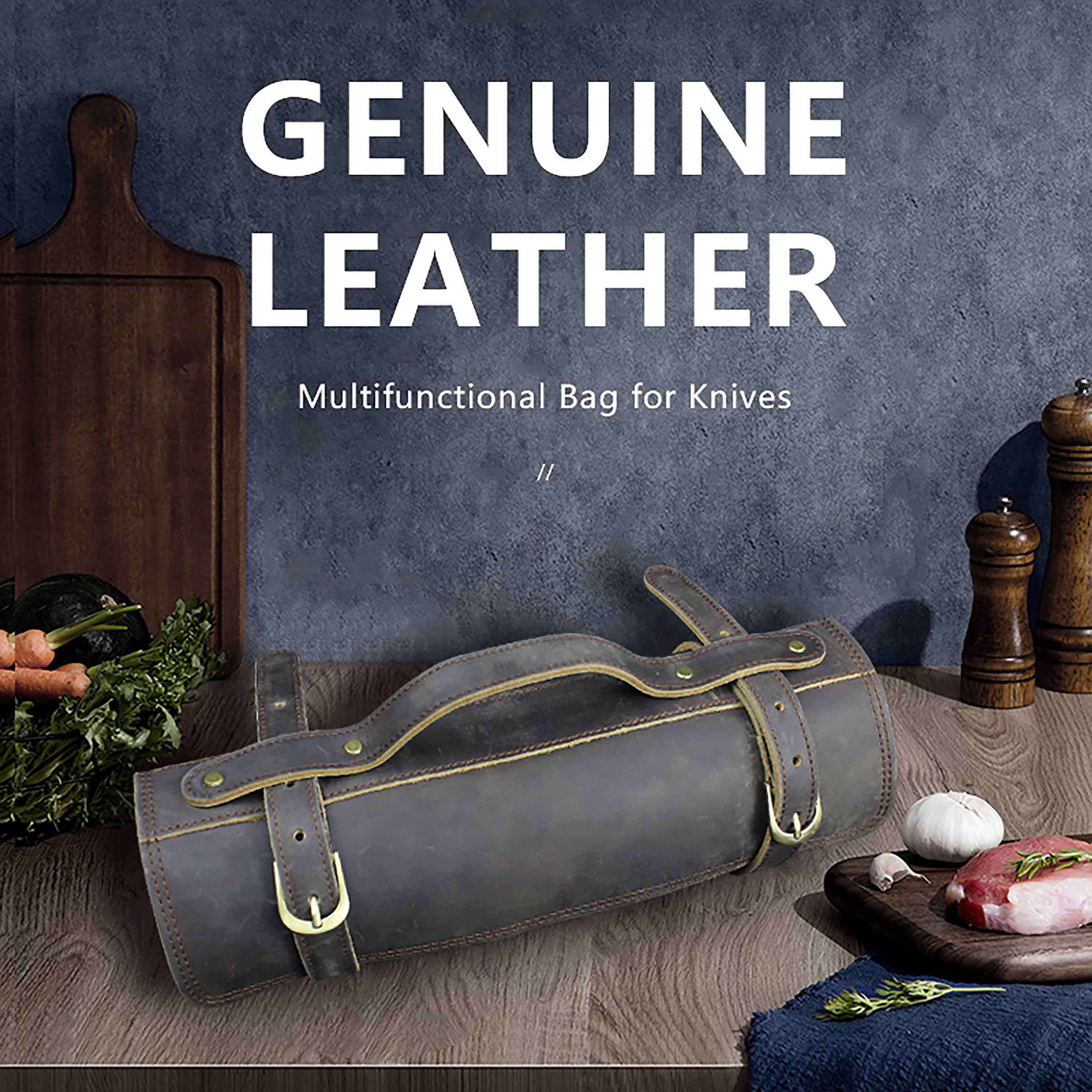 Ginza Steel Full Grain Leather Knife Roll - Brown-Accessories-DECOROLALA