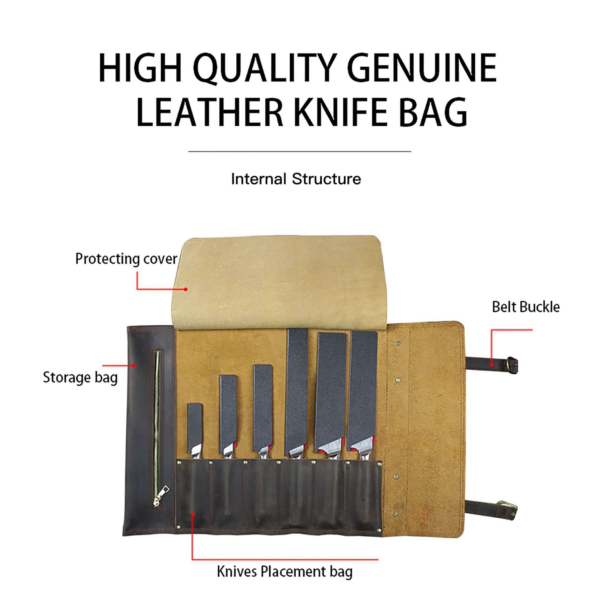 Ginza Steel Full Grain Leather Knife Roll - Brown-Accessories-DECOROLALA