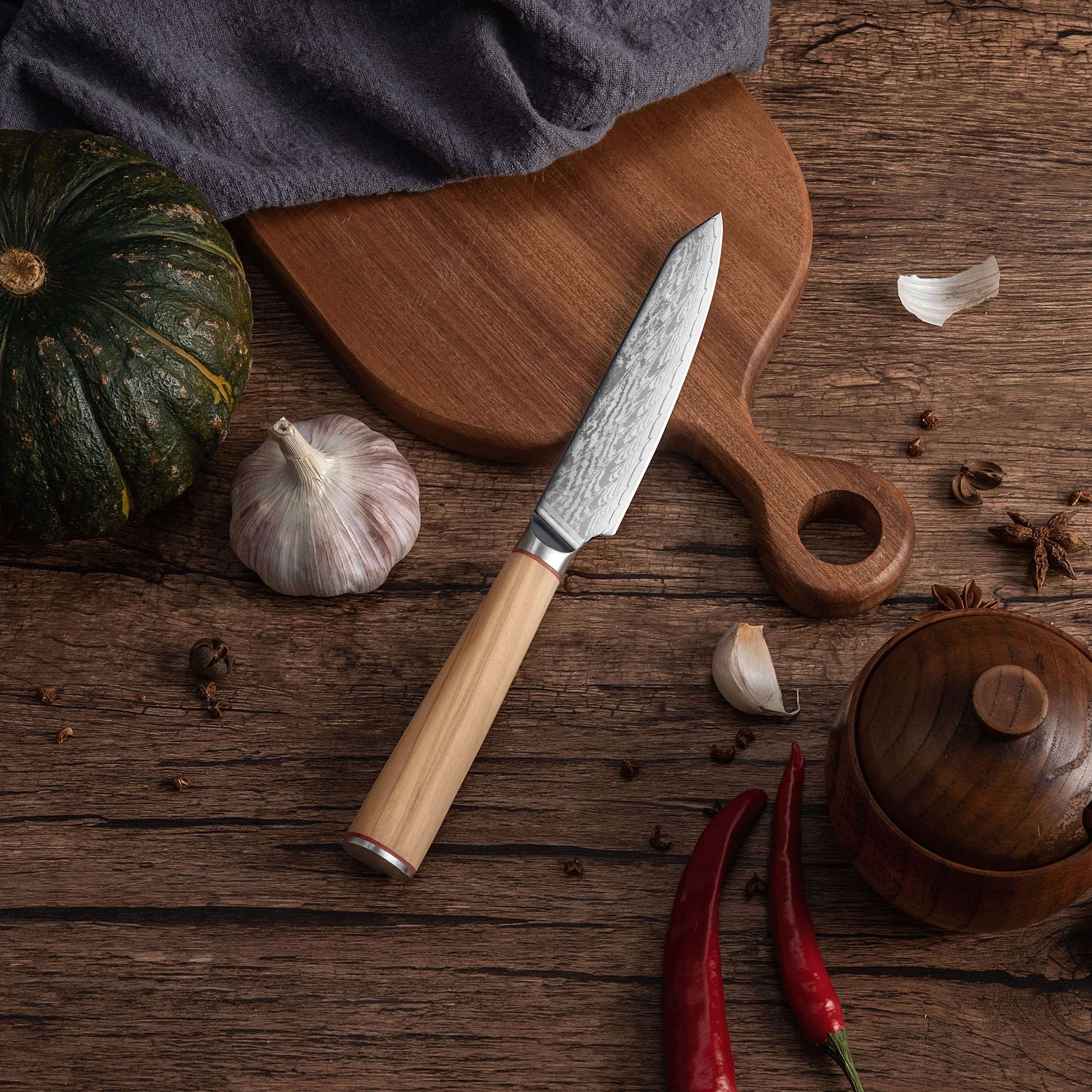 Ginza Steel MIA 12 Utility Knife 5  Damascus AUS10, 67-Layer, Olive Wood Handle-Utility Knife-DECOROLALA