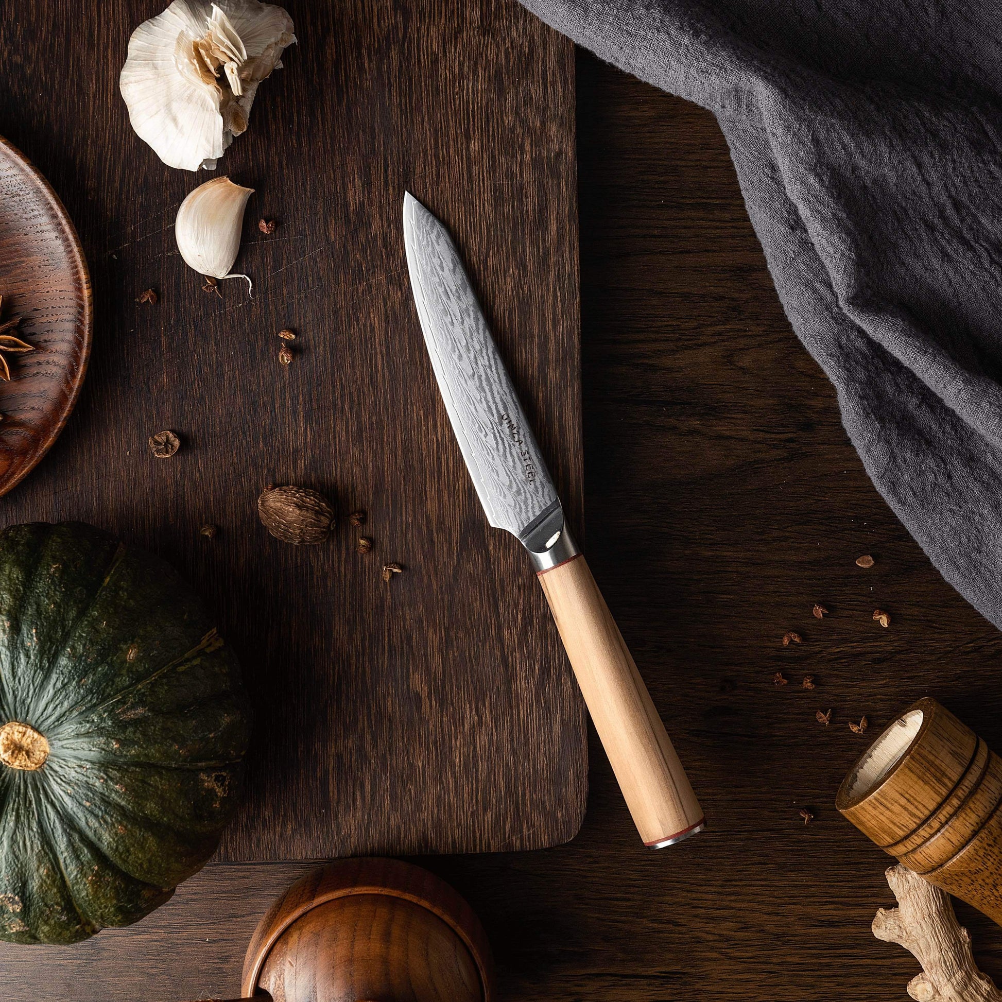 Ginza Steel MIA 12 Utility Knife 5  Damascus AUS10, 67-Layer, Olive Wood Handle-Utility Knife-DECOROLALA