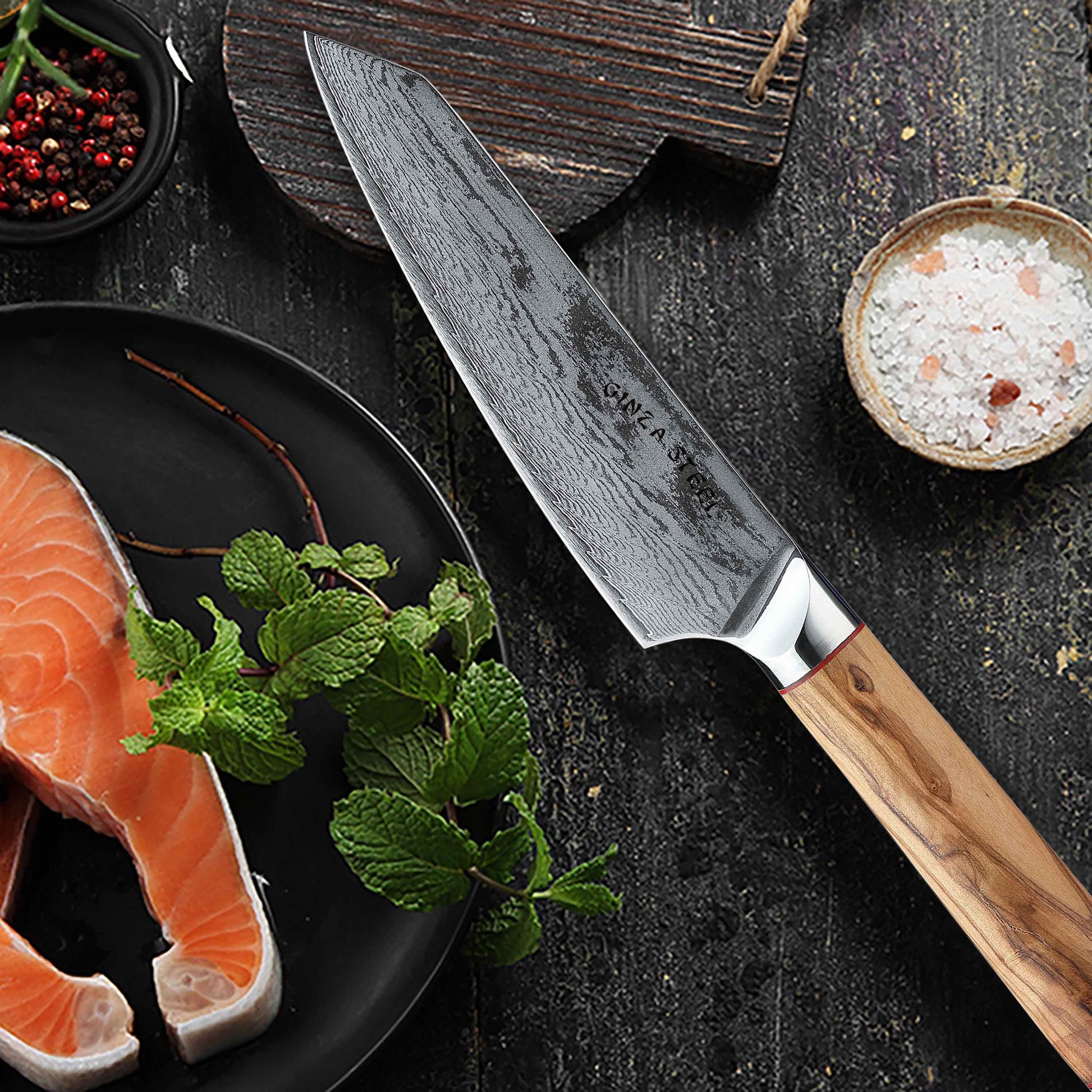 Ginza Steel MIA 17 Chef Knife 6.5  Damascus AUS10 Steel, 67-Layer, Olive Wood Handle-Chef Knife-DECOROLALA