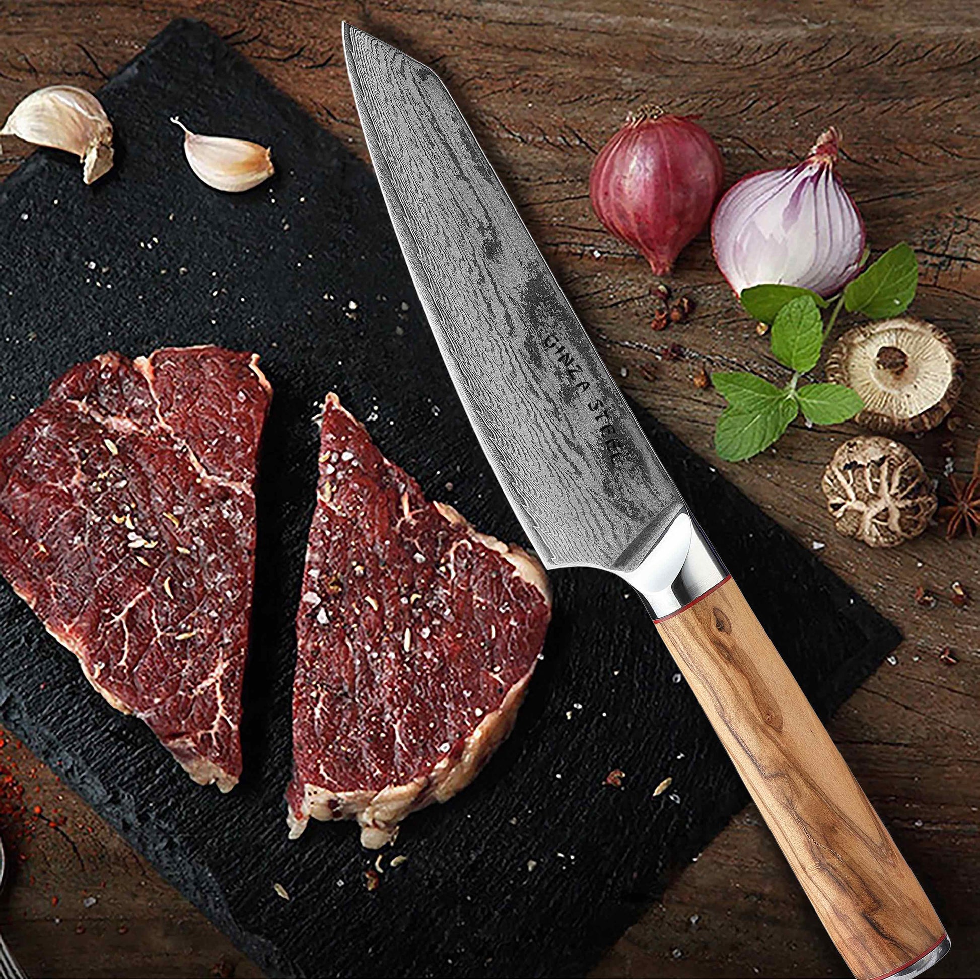 Ginza Steel MIA 17 Chef Knife 6.5  Damascus AUS10 Steel, 67-Layer, Olive Wood Handle-Chef Knife-DECOROLALA