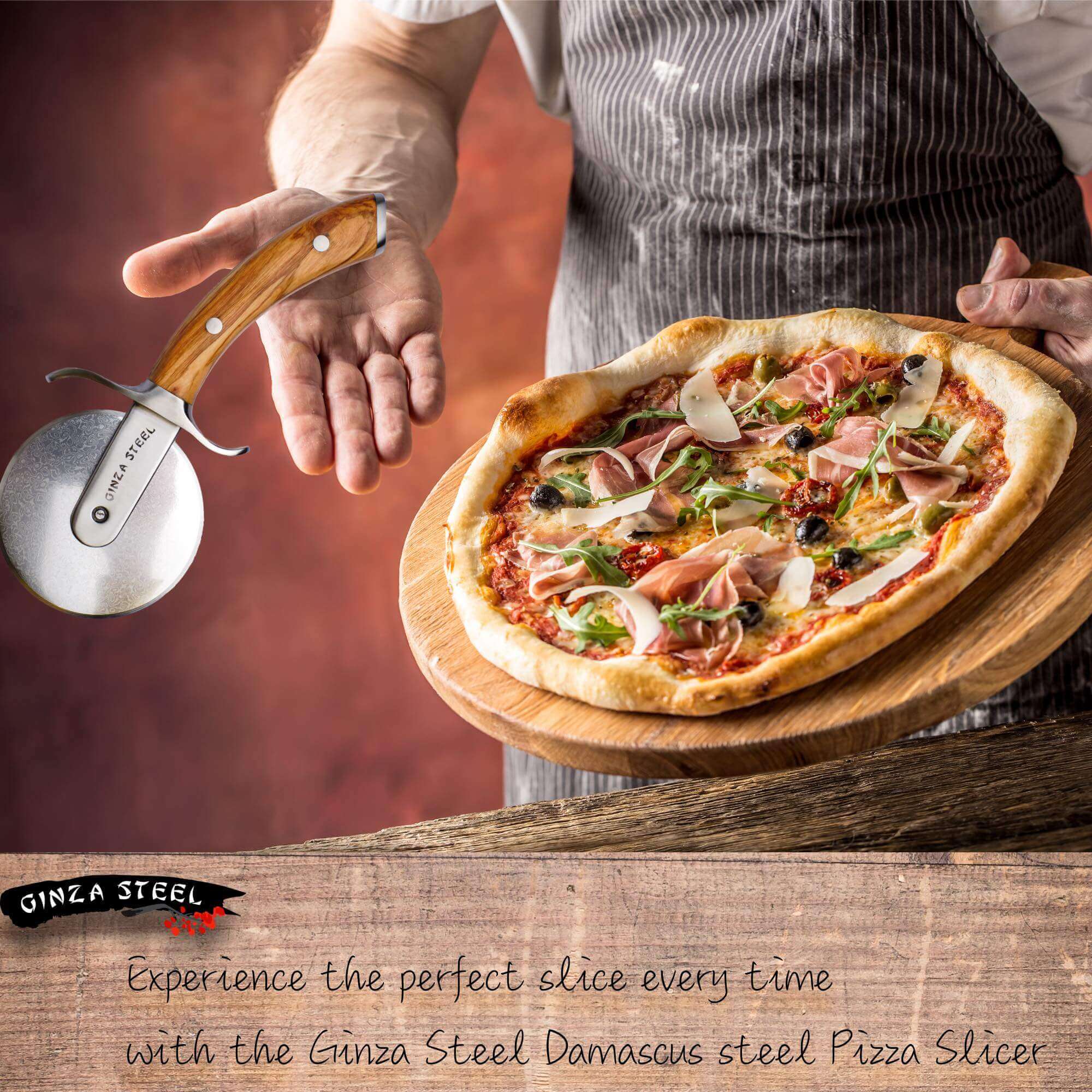 Ginza Steel MIA Pizza Slicer  Stainless Blade with Olive Wood Handle-Accessories-DECOROLALA