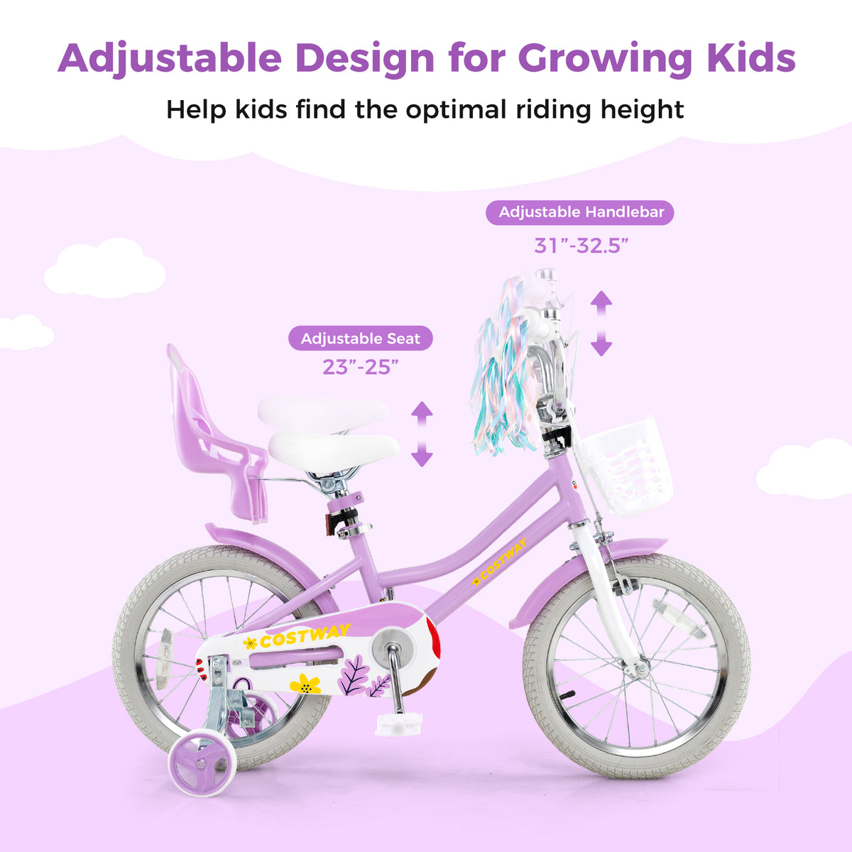 Girls 16" Bike with Doll Seat, Basket and Training Wheels-Kids Bike-DECOROLALA