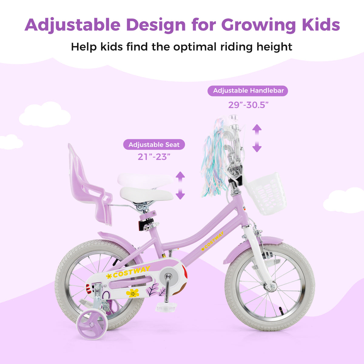 Girls 16" Bike with Doll Seat, Basket and Training Wheels-Kids Bike-DECOROLALA
