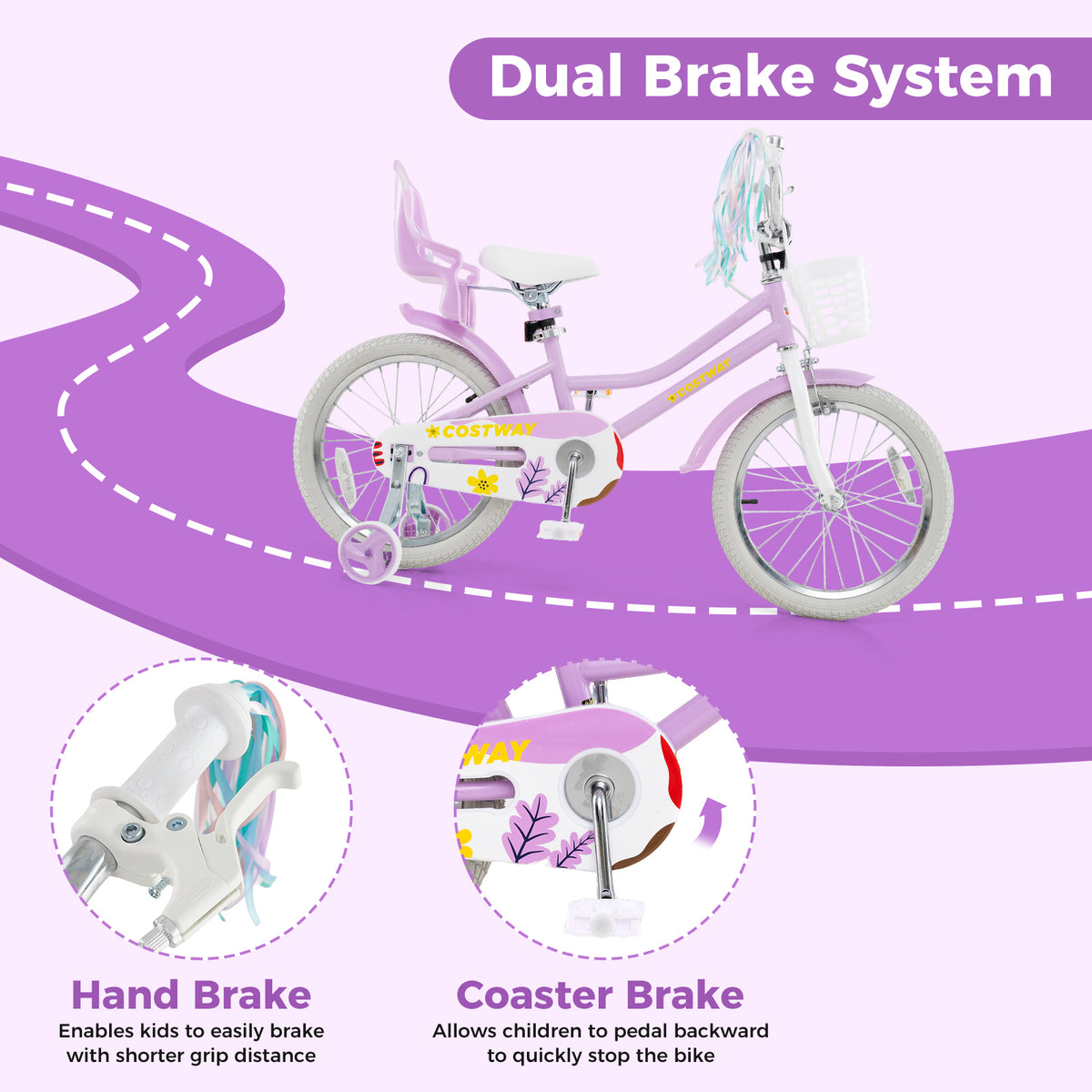 Girls 16" Bike with Doll Seat, Basket and Training Wheels-Kids Bike-DECOROLALA