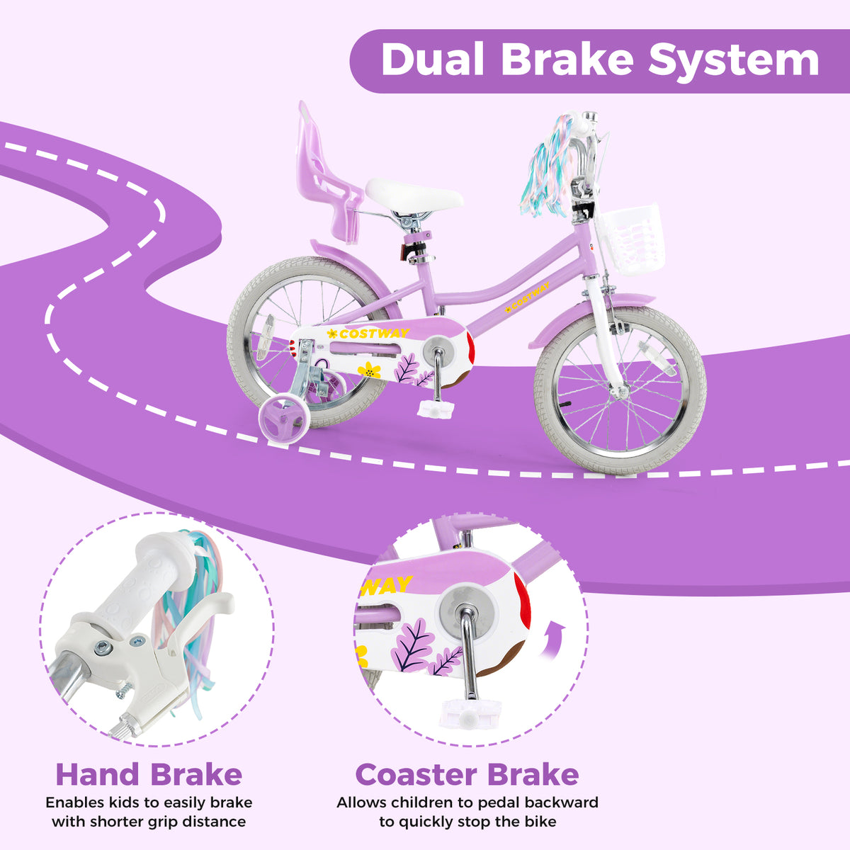 Girls 16" Bike with Doll Seat, Basket and Training Wheels-Kids Bike-DECOROLALA