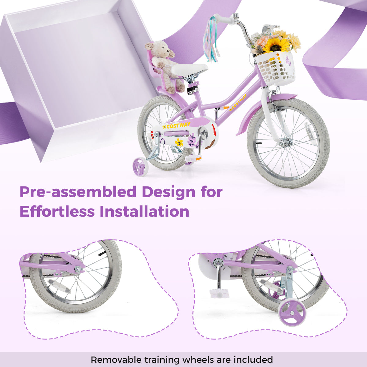 Girls 16" Bike with Doll Seat, Basket and Training Wheels-Kids Bike-DECOROLALA