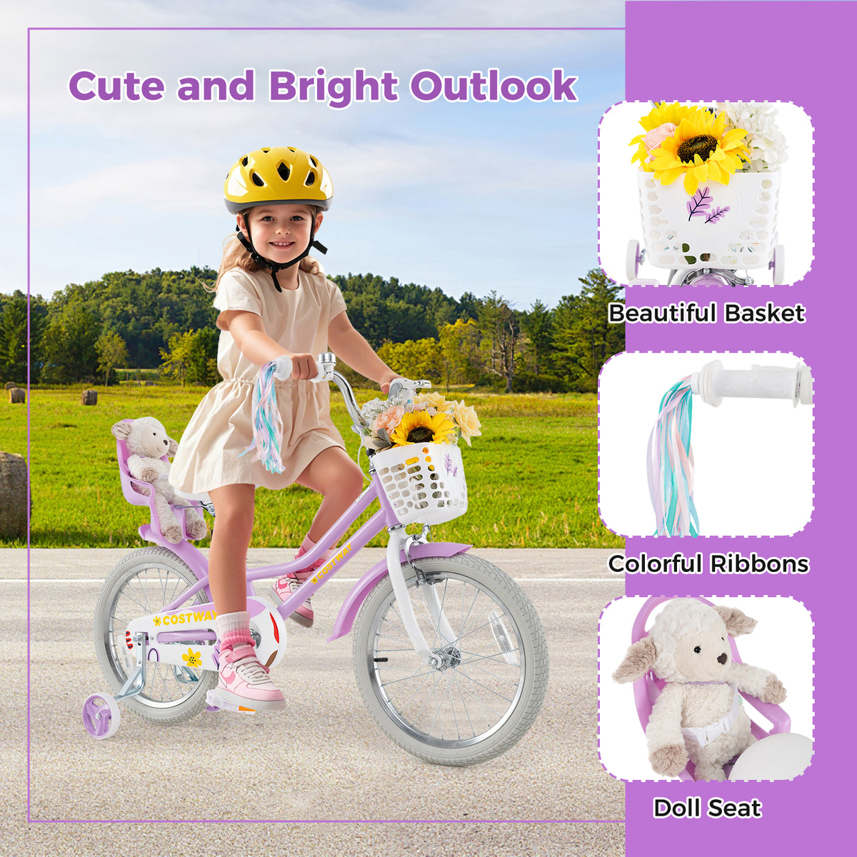 Girls 16" Bike with Doll Seat, Basket and Training Wheels-Kids Bike-DECOROLALA