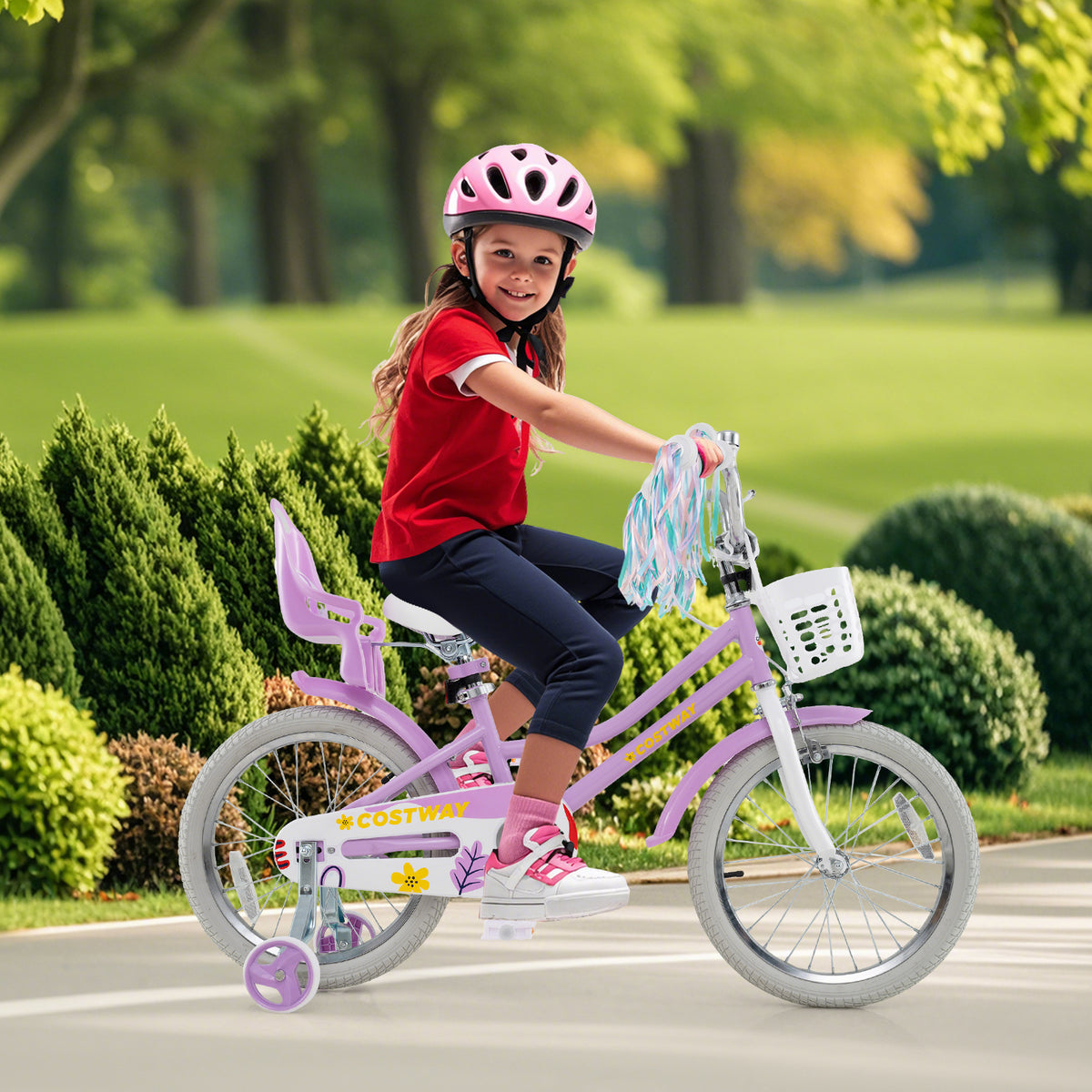 Girls 16" Bike with Doll Seat, Basket and Training Wheels-Kids Bike-DECOROLALA