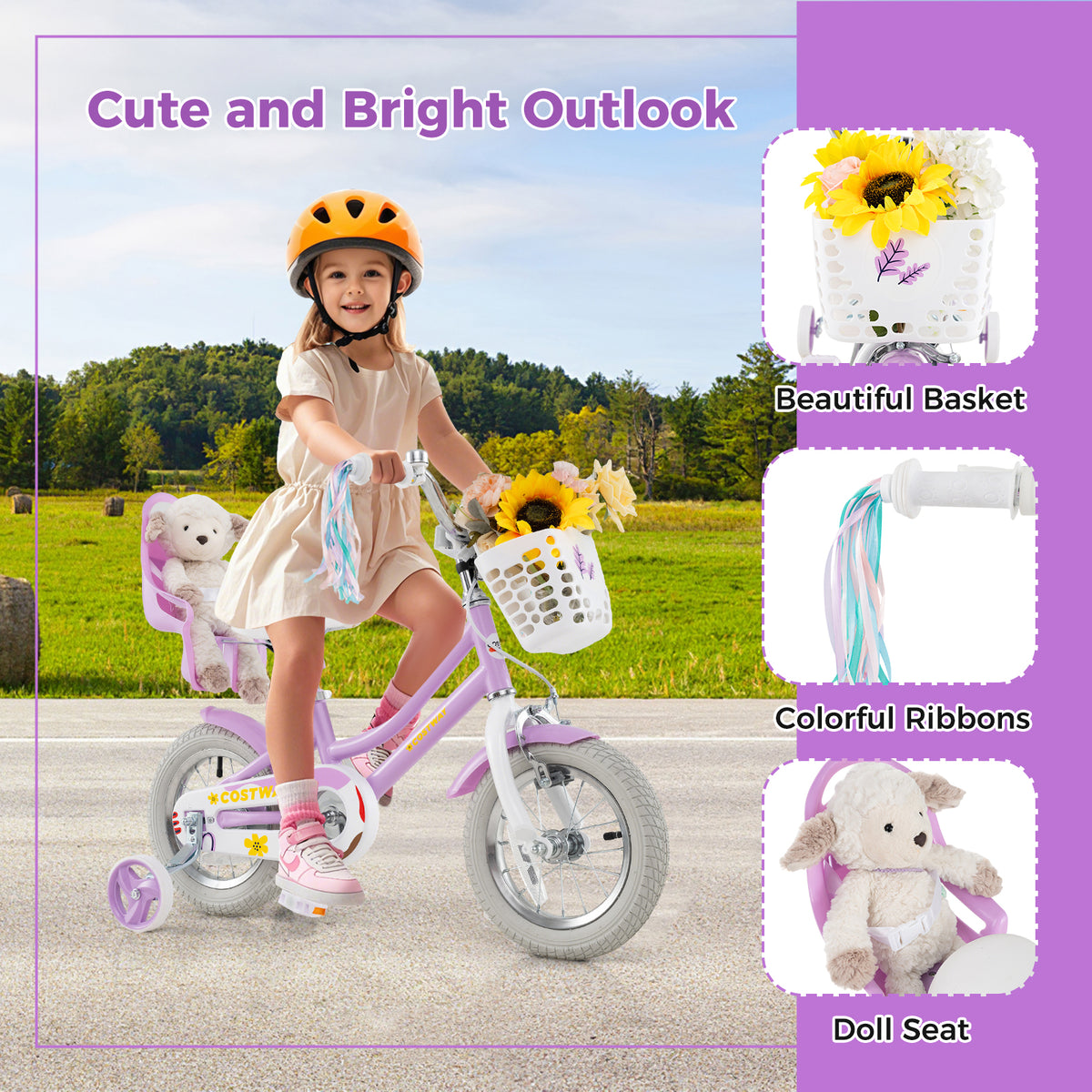 Girls Bike 16-inch Kids Bicycle with Doll Seat and Training Wheels-Kids Bike-DECOROLALA