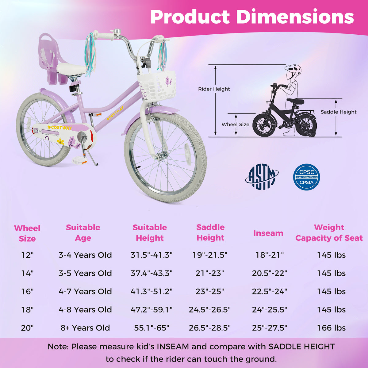 Girls Bike 16-inch Kids Bicycle with Doll Seat and Training Wheels-Kids Bike-DECOROLALA