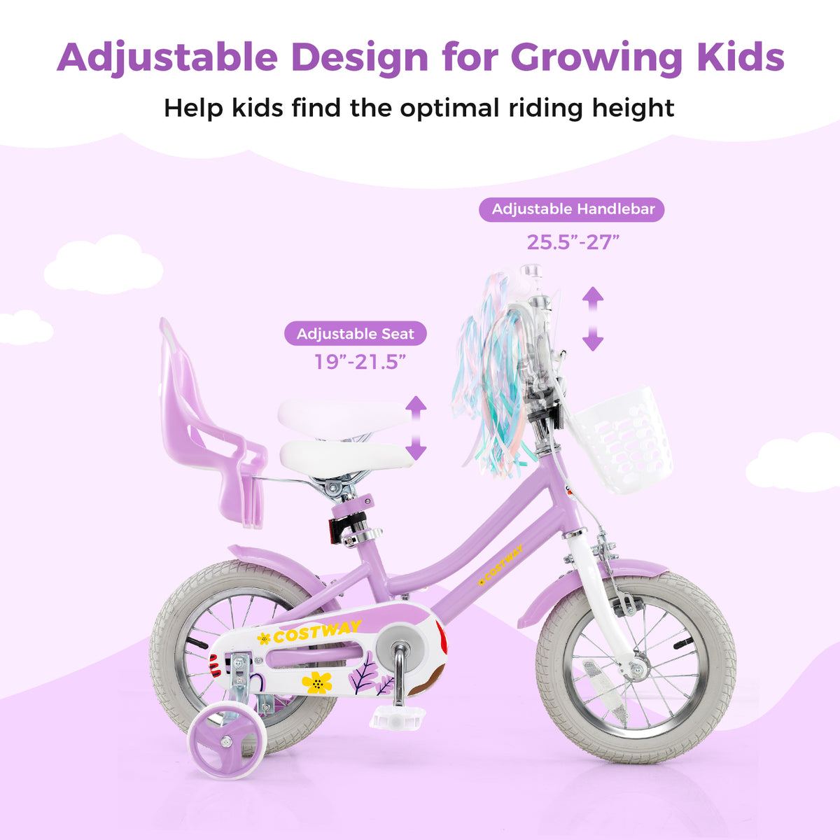 Girls Bike 16-inch Kids Bicycle with Doll Seat and Training Wheels-Kids Bike-DECOROLALA