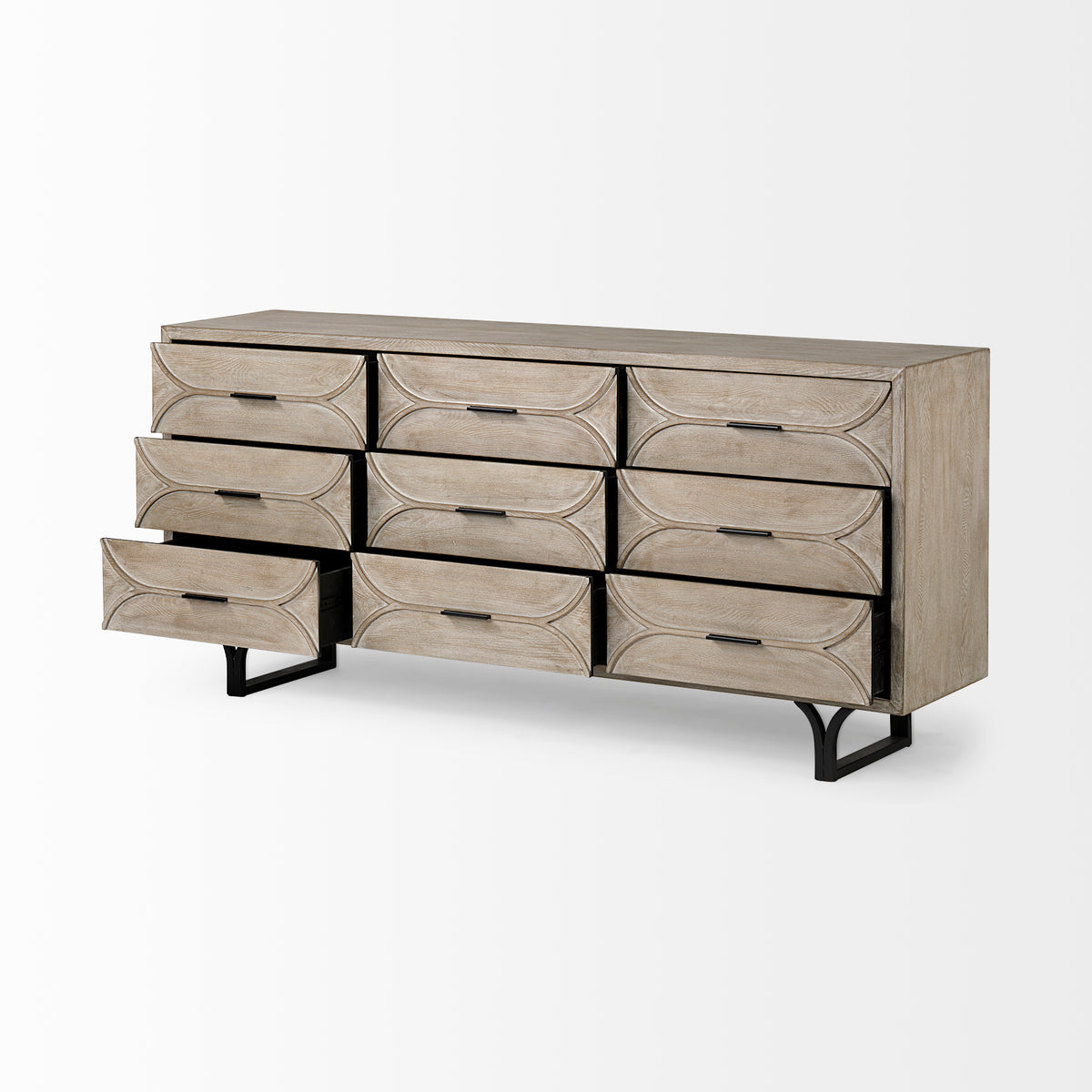 Giselle II Brown Fir Veneer W/Black Metal Leg 9 Drawer Sideboard-Sideboards & Buffets-DECOROLALA