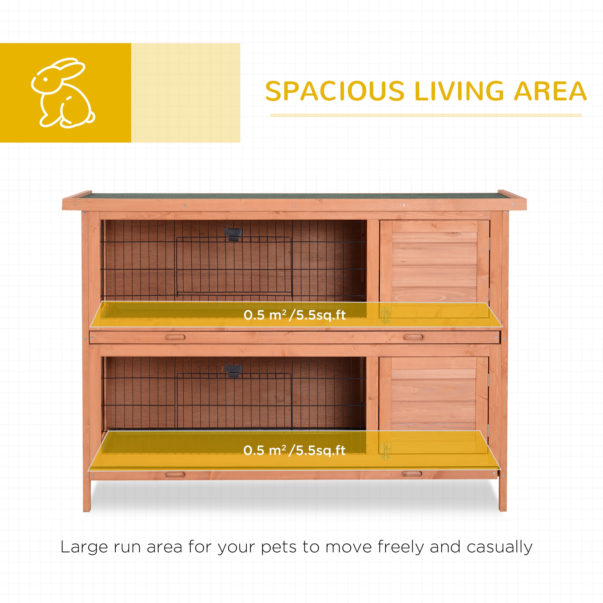 54"L 2-Story Large Rabbit Hutch Bunny Cage Wooden Pet House Small Animal Habitat with Lockable Doors, No Leak Tray and Waterproof Roof for Outdoor/Indoor Orange