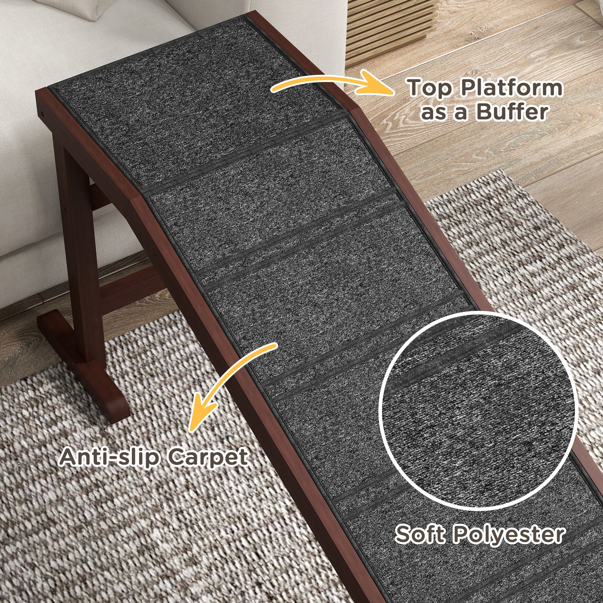 Pet Ramp Bed Steps for Dogs Cats Non-slip Carpet Top Platform Pine Wood 74"L x 16"W x 25"H Brown