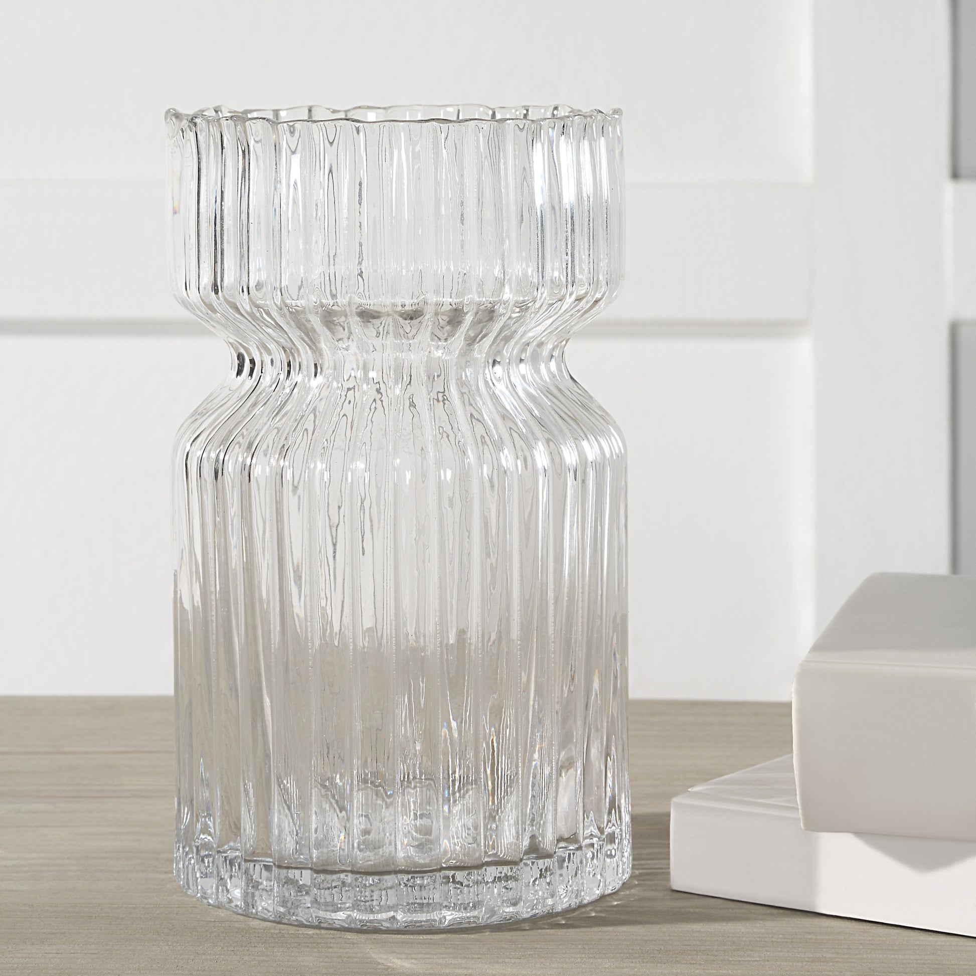 Gladys Indoor Mouth Blown Glass Glass Vase, Clear Fluted-Glass Vase-DECOROLALA