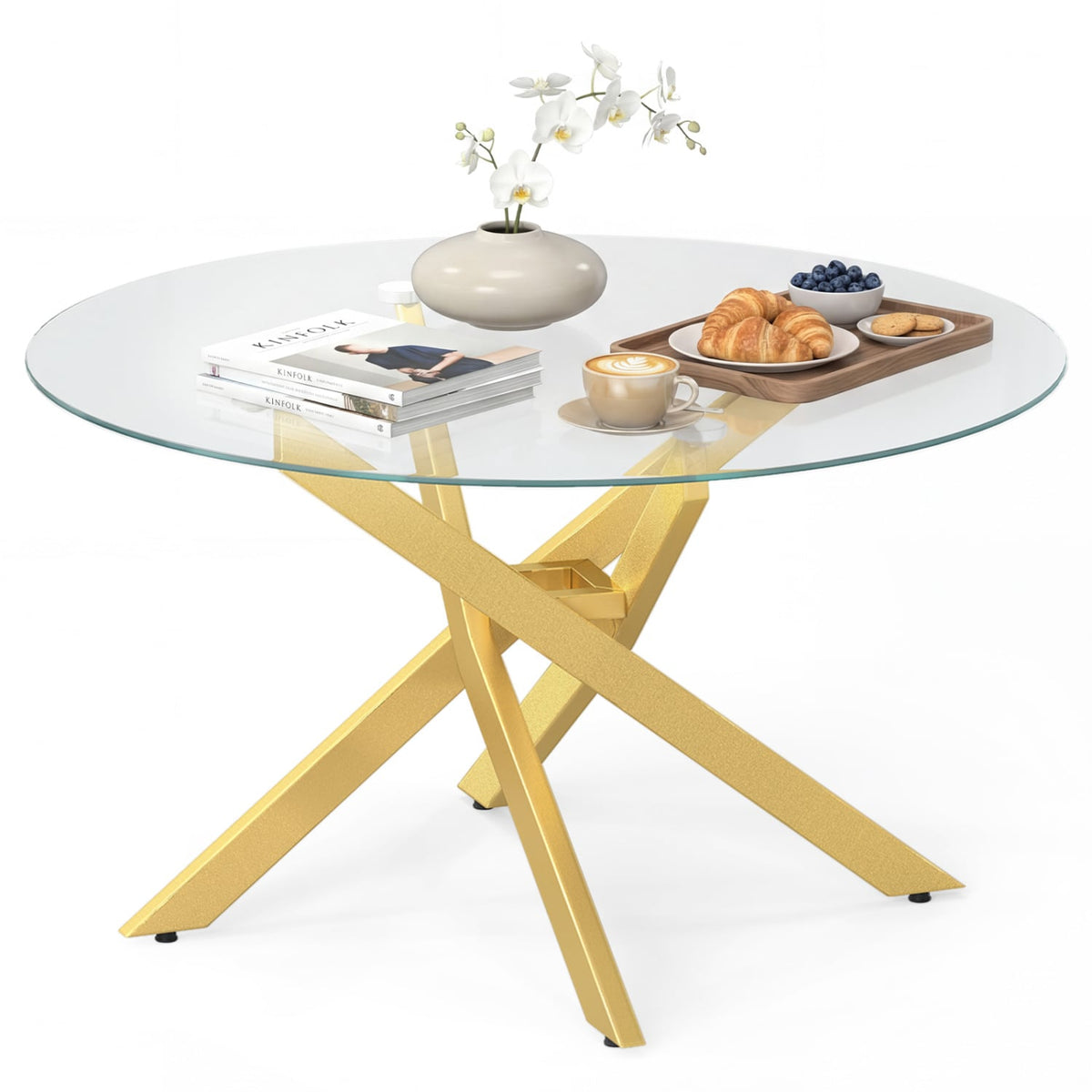 Glass Coffee Table Round Clear Center Table with Tempered Glass Top-Golden-Coffee Tables-DECOROLALA